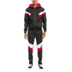 Men's 2PC black red track suit for men featuring a zip-up hoodie and comfortable joggers