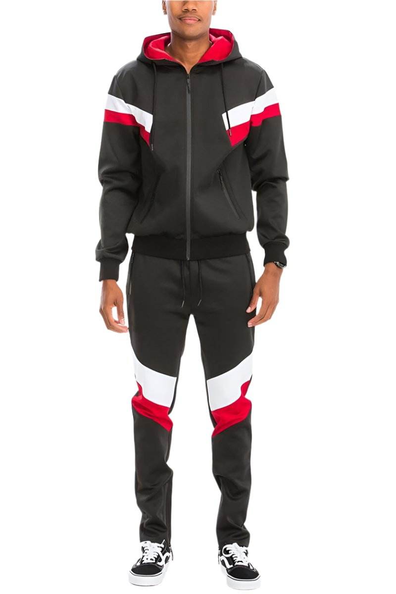 Men's 2PC black red track suit for men featuring a zip-up hoodie and comfortable joggers
