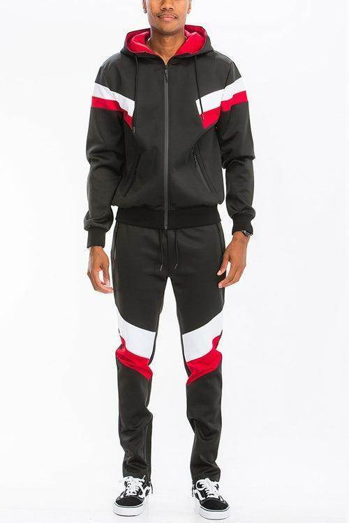 Stylish black red track suit for men featuring a zip-up hoodie and matching pants for comfort and sport