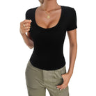 Black scoop neck top for women, featuring a fitted design and short sleeves for casual wear