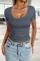 Stylish gray women's fitted t-shirt with a scoop neck, perfect for casual wear, featuring a flattering silhouette