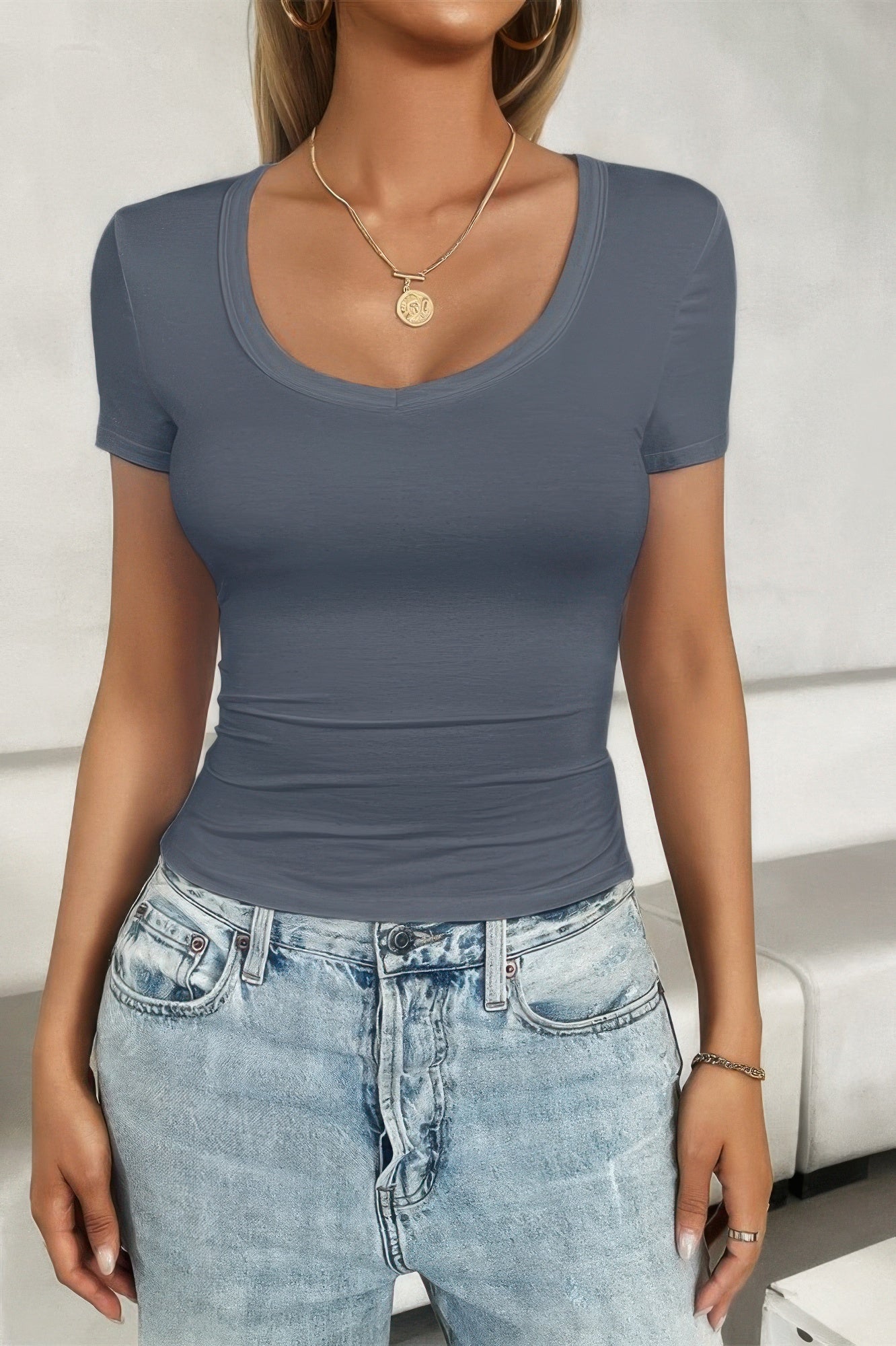 VacationGrabs black scoop neck top for women in gray, stylish and versatile for casual wear