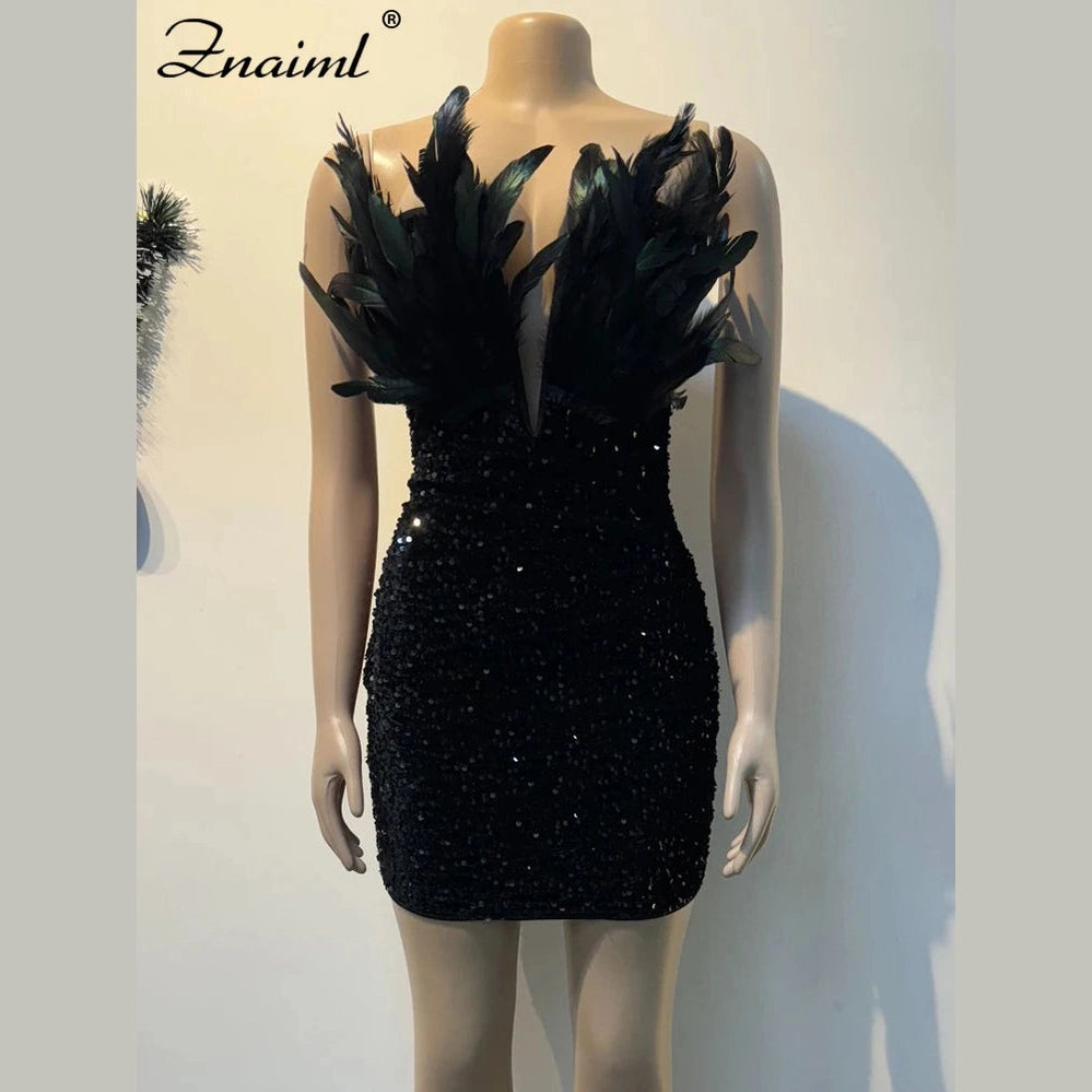 Black sequin feather mini dress with plunging neckline and feather details on bodice