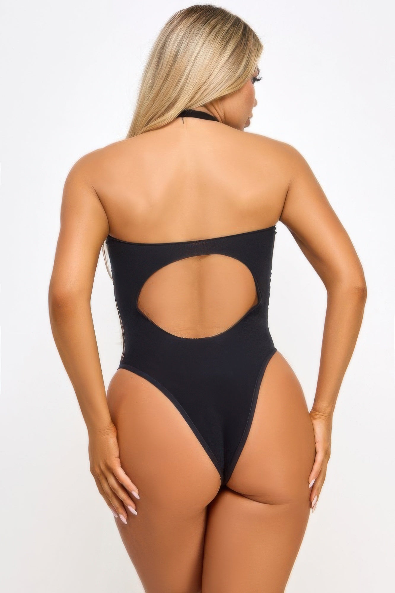 Stylish black sexy bodysuit for women featuring an open back design and halter neck