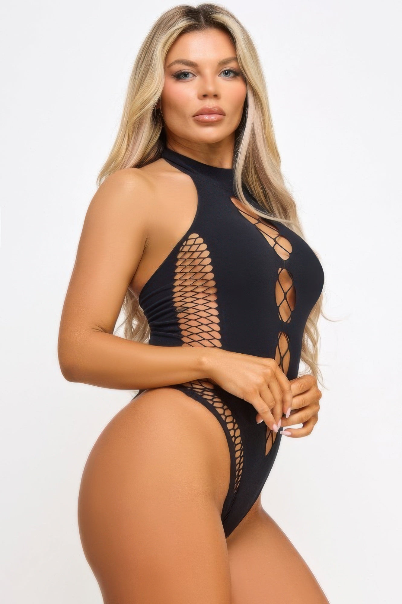 Stylish black sexy bodysuit for women with mesh detailing for a flattering fit