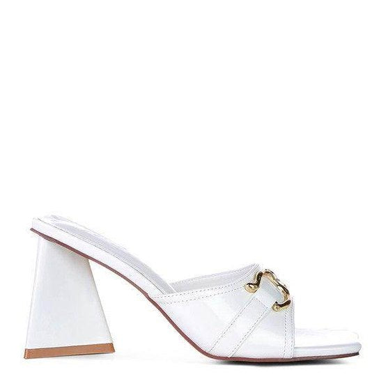 Stylish white heeled sandals for women with a unique cone heel and decorative buckle detail