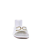 Stylish white slider sandals for women featuring a chic gold buckle design