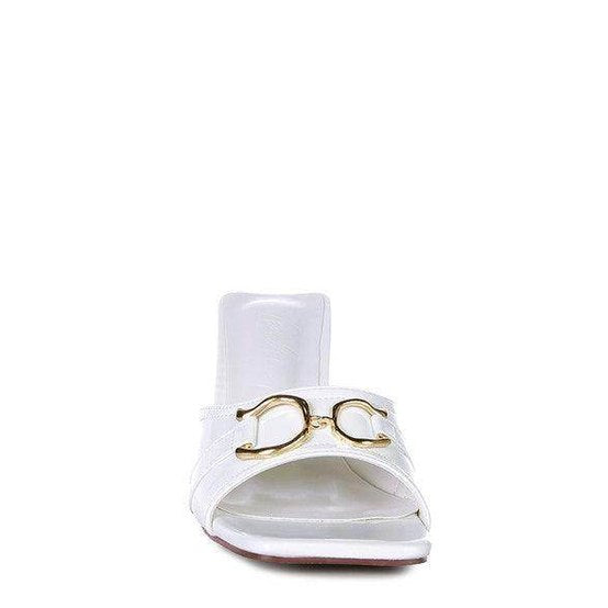 Stylish white slider sandals for women featuring a chic gold buckle design