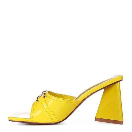 Stylish yellow high heels for women with a unique geometric heel design