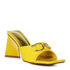 Stylish yellow heeled mules with a buckle detail for women, perfect for summer occasions