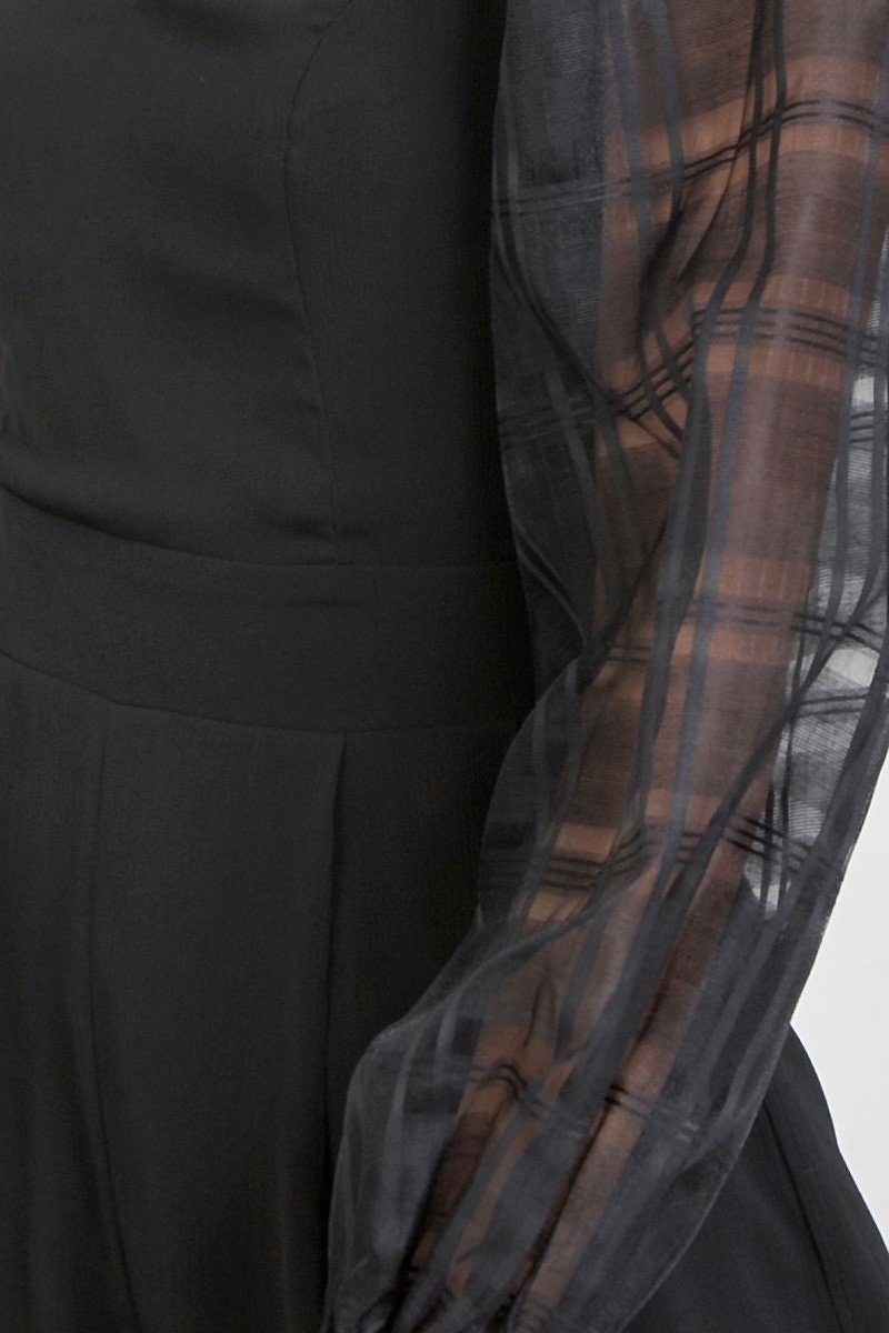 Black solid short romper with stylish sheer plaid sleeves by VacationGrabs