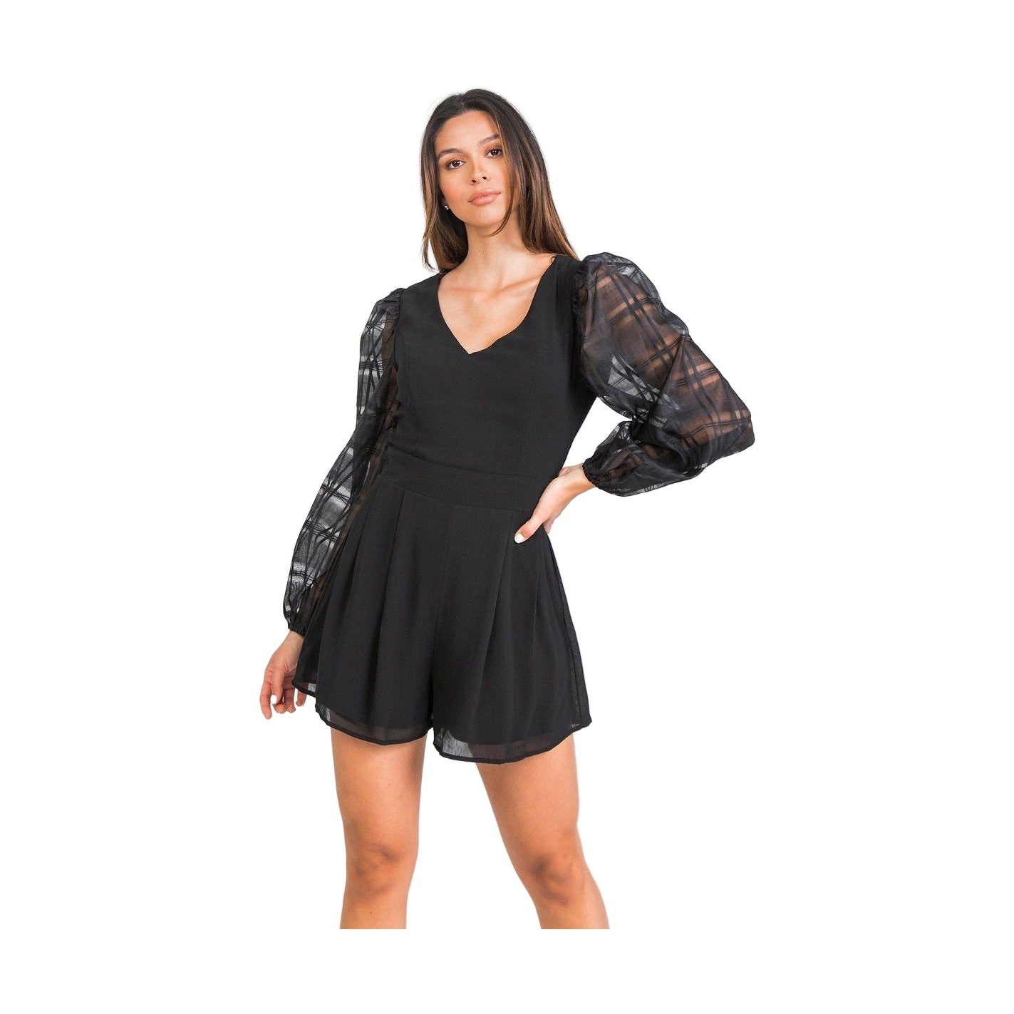 Stylish black solid short romper with puff sleeves for trendy summer outfits