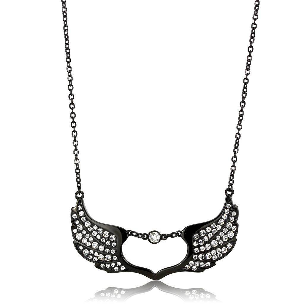 Black stainless steel necklace featuring angel wings adorned with sparkling rhinestones