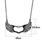 Black stainless steel necklace with angel wings design adorned with sparkling rhinestones