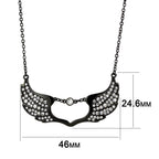 Black stainless steel necklace with angel wings design adorned with sparkling rhinestones
