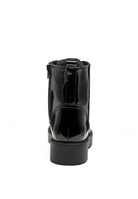 Back view of black statement combat boots from Rag Company with shiny finish and zipper details