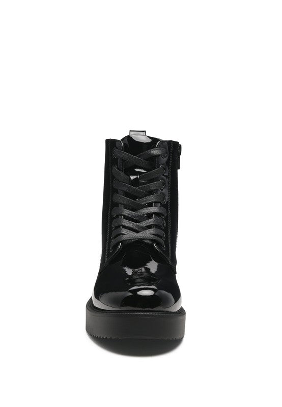 Rag Company Women's Black Statement Combat Boots with Lace-Up Design and Chunky Sole