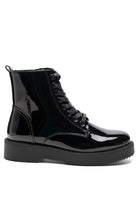 Rag Company black statement combat boots with a shiny finish and lace-up design for a trendy look