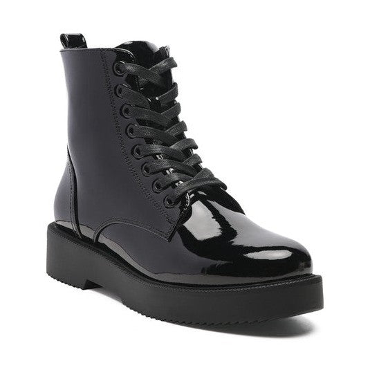 Rag Company black statement combat boots with a glossy finish and lace-up design for stylish outfits