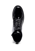 Rag Company black statement combat boots with glossy finish and sturdy laces for stylish outfits
