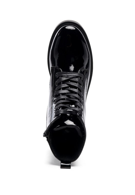 Rag Company black statement combat boots with glossy finish and sturdy laces for stylish outfits
