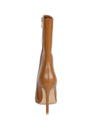 Brown stiletto ankle boots for women featuring a sleek design and zipper closure by Rag Company