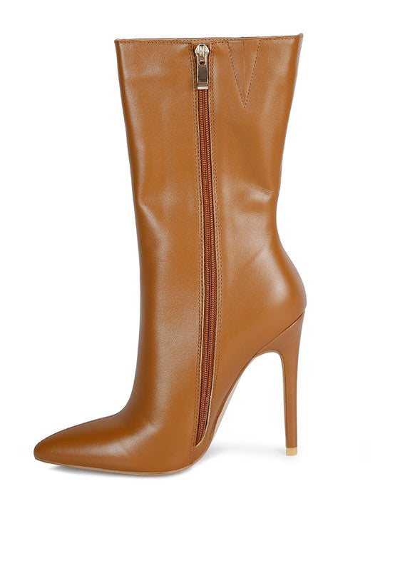 Stylish tan ankle boots with a pointed toe and zipper, perfect for pairing with outfits