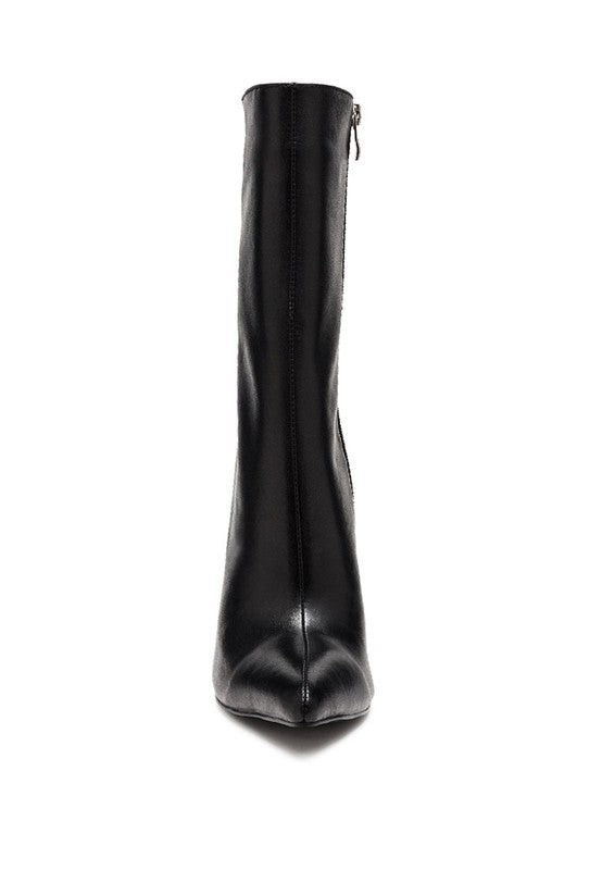 Stylish black stiletto ankle boots for women with a sleek design and zipper detail