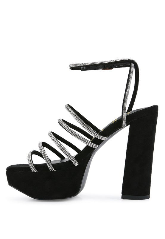 black strappy platform sandals, suede material, stylish and bold