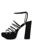 black strappy platform sandals, suede material, stylish and bold