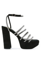 Black strappy platform sandals with rhinestone accents for stylish occasions