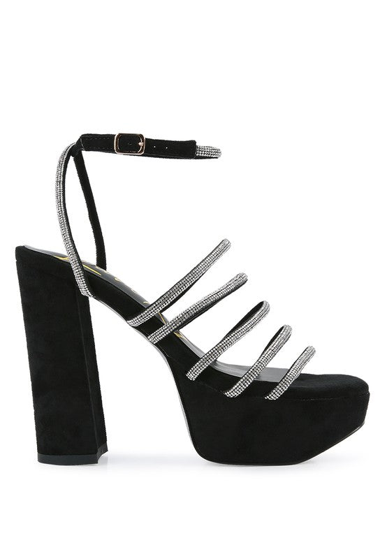 Black strappy platform sandals with rhinestone accents for stylish occasions