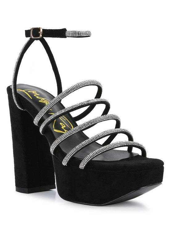 Women's black strappy platform sandals with rhinestone embellishments