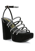 Women's black strappy platform sandals with rhinestone embellishments