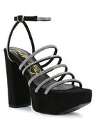Women's black strappy platform sandals with rhinestone embellishments