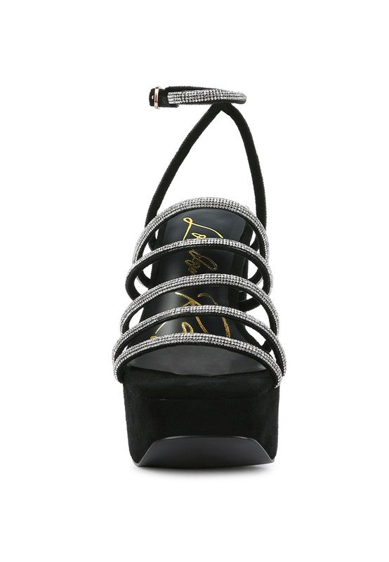 Women's black strappy platform sandals with rhinestone accents