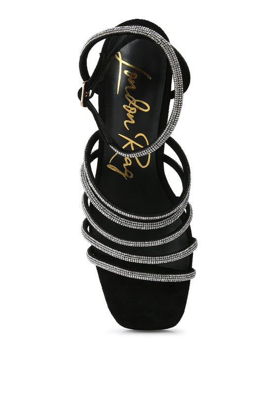 Women's black strappy platform sandals with sparkly straps