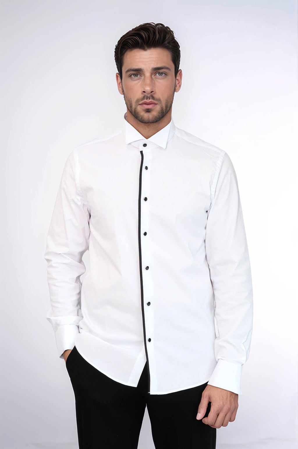 Black Stripe Detailed White Men Tuxedo Shirt – front view