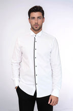 Black Stripe Detailed White Men Tuxedo Shirt – front view