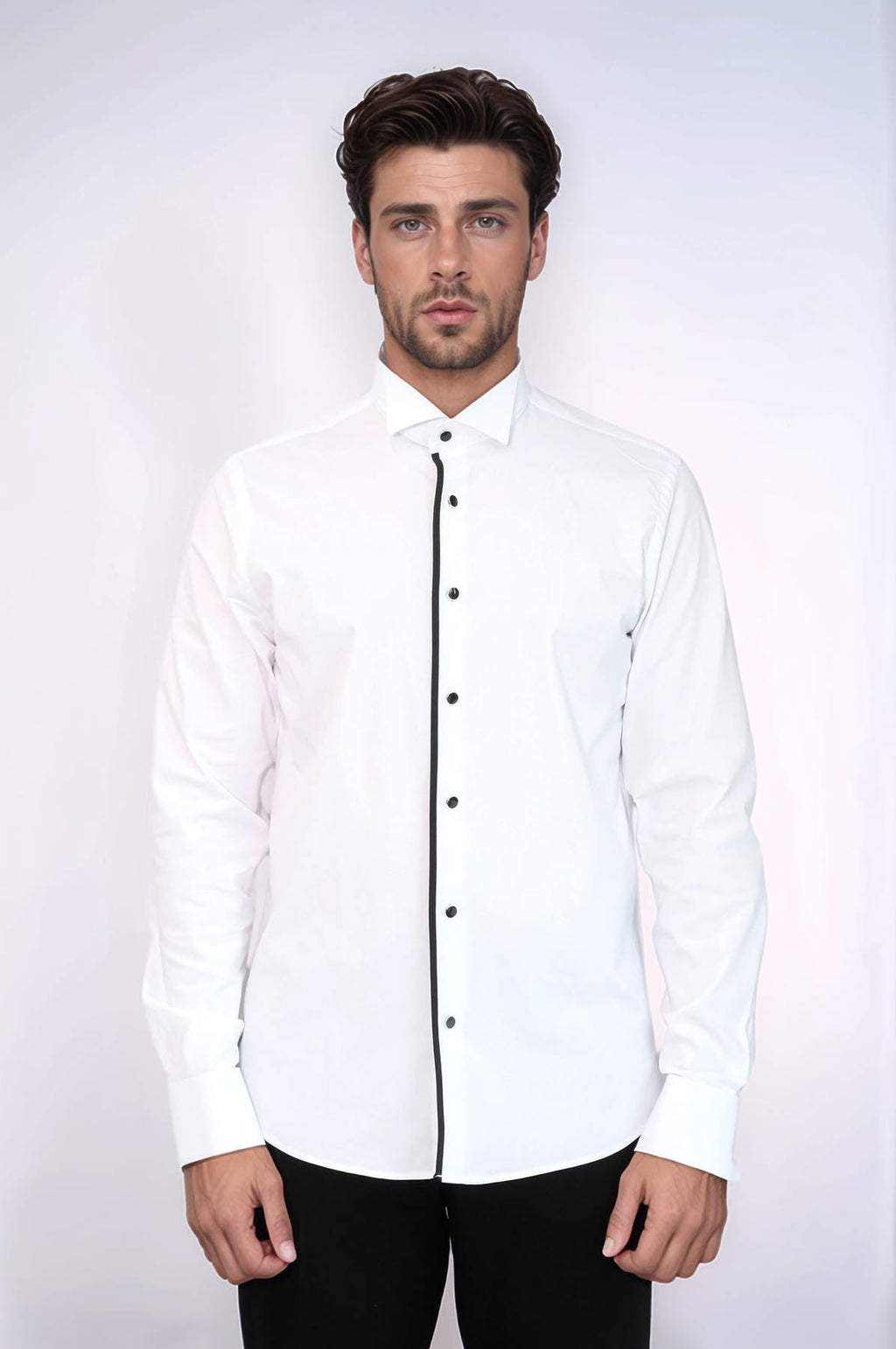 Black Stripe Detailed White Men Tuxedo Shirt – side view