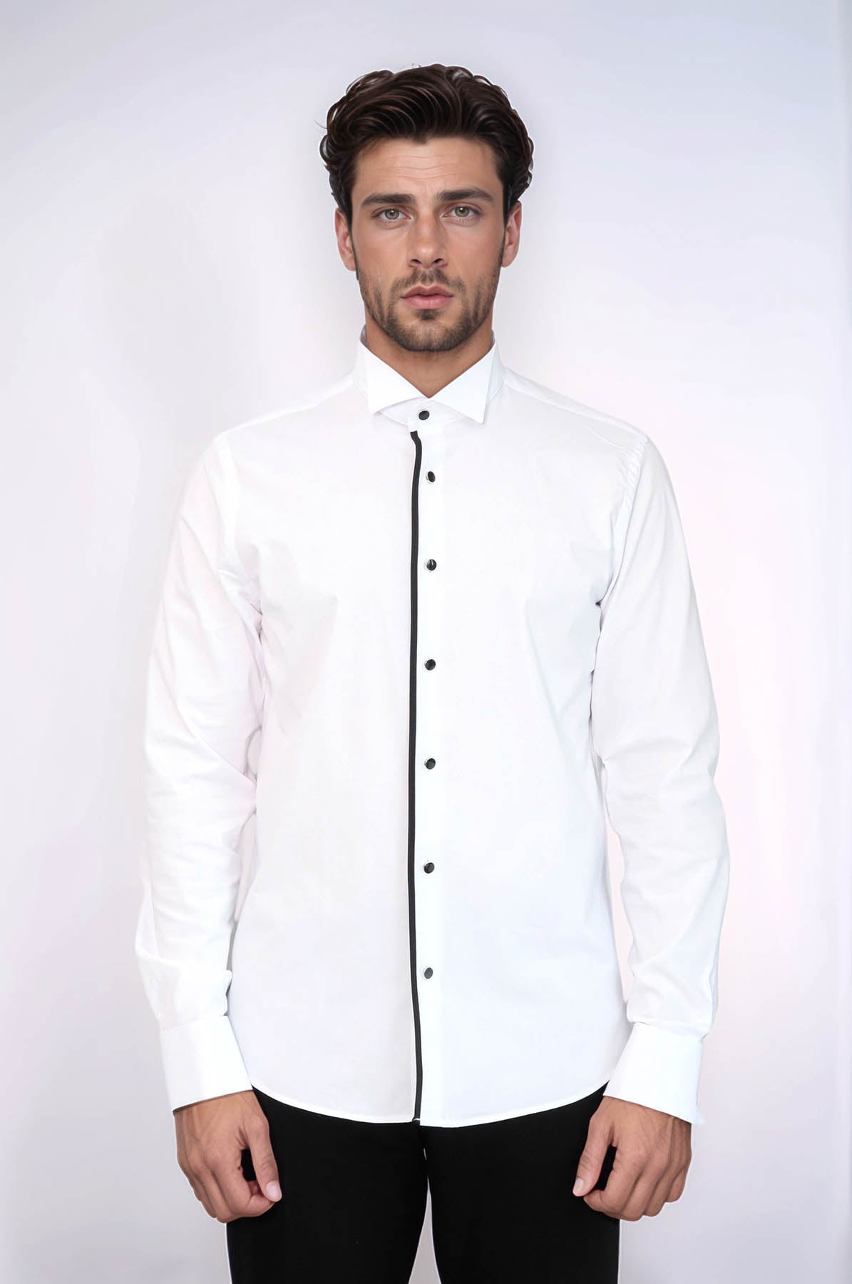Black Stripe Detailed White Men Tuxedo Shirt – side view