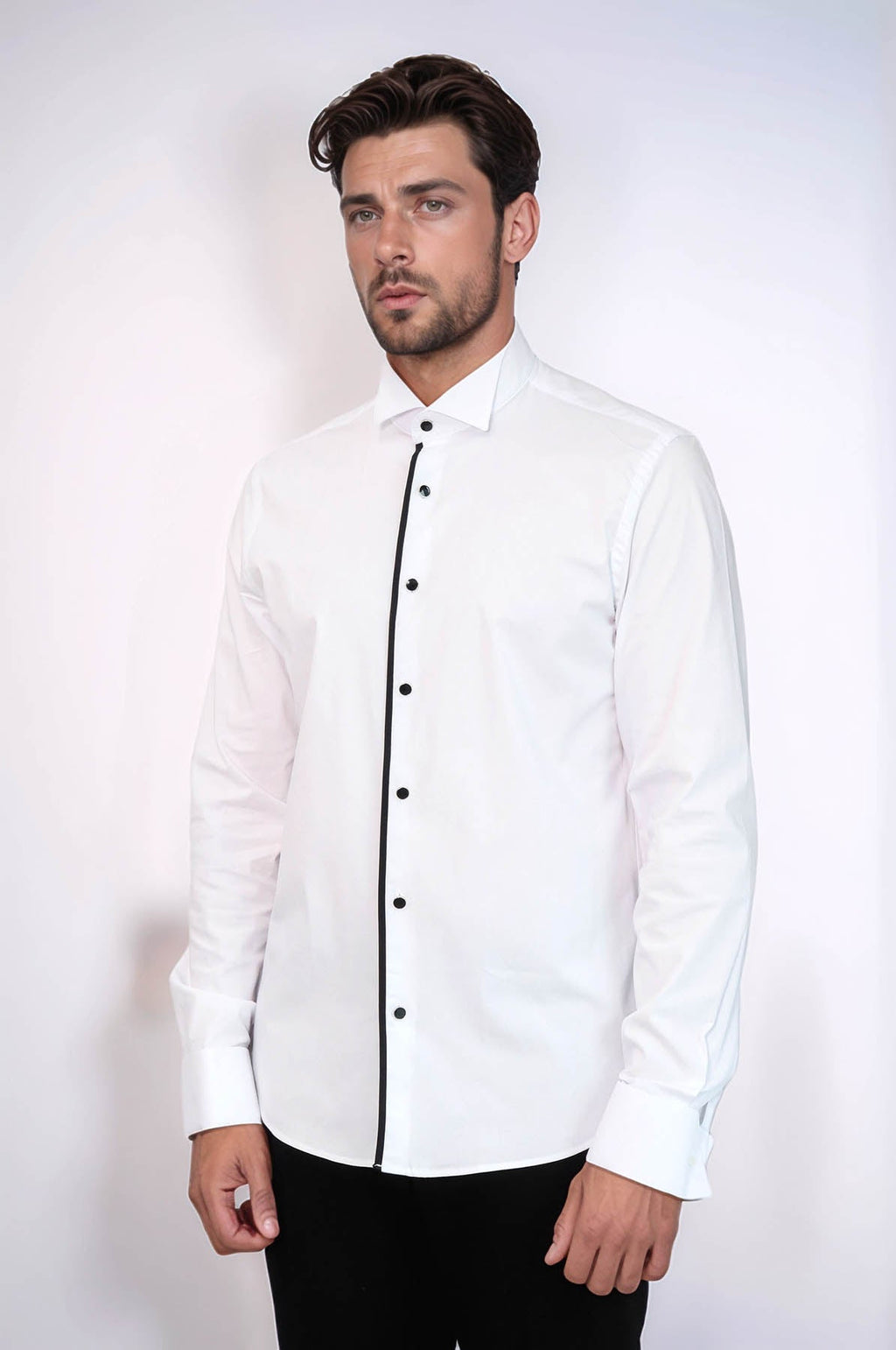 Black Stripe Detailed White Men Tuxedo Shirt – styled view
