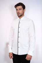Black Stripe Detailed White Men Tuxedo Shirt – styled view