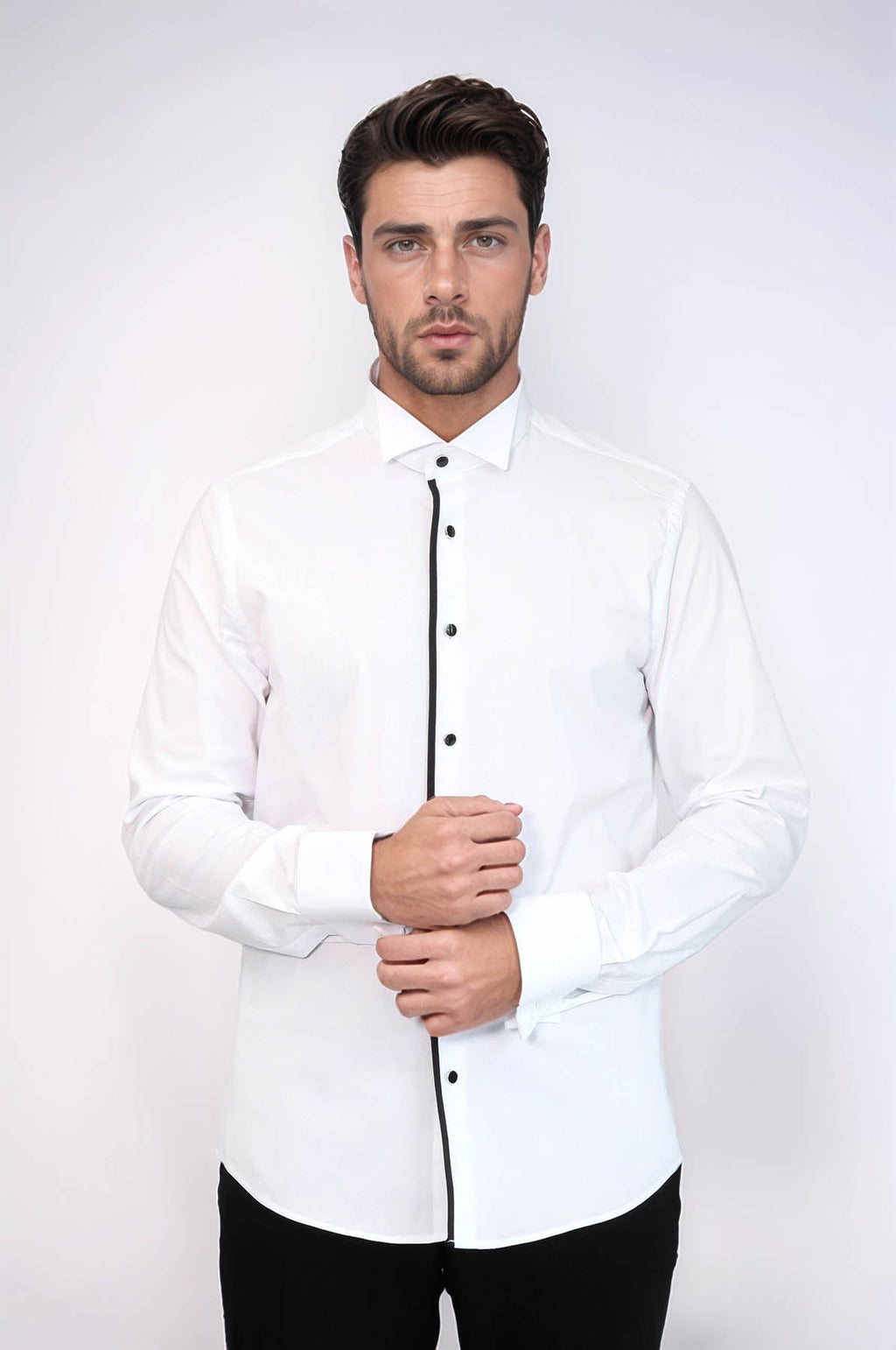 Black Stripe Detailed White Men Tuxedo Shirt – close up view