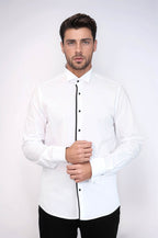 Black Stripe Detailed White Men Tuxedo Shirt – close up view