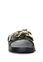 Stylish vacation sandals for women by Rag Company in black with gold chain detail