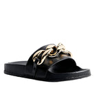 Black slide sandals with gold chain detail by Rag Company stylish vacation sandals for women