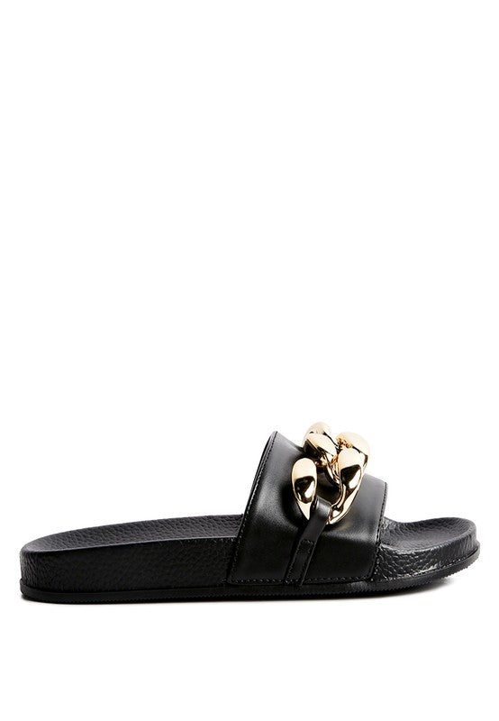 Rag Company black slide sandal with gold chain detail stylish vacation sandals for women