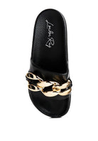 Rag Company black slide sandals with gold chain accent stylish vacation sandals for women