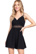 Black summer romper for women with adjustable spaghetti straps and a stylish lace waistband